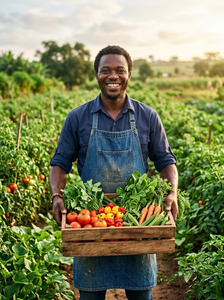 Nigerian farmer proudly holding fresh farm harvest